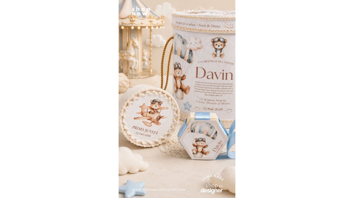 Trusou Botez Băieți Little Aviator Ursuleț Aviator Personalizat Bleu Pudrat si Ivory 2